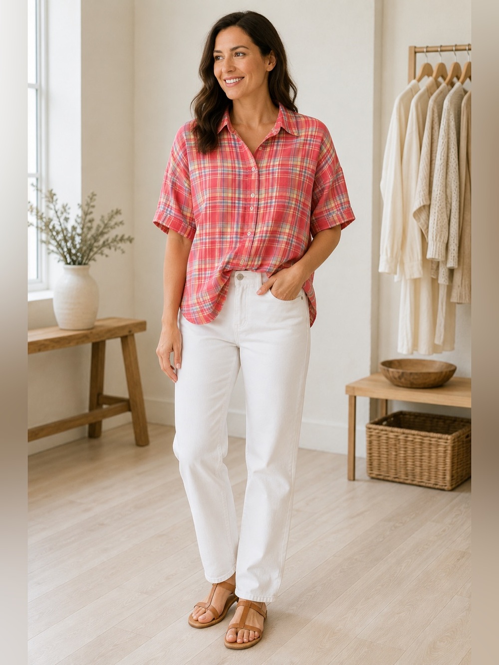 Southern Lady Coral Plaid Button-Down Shirt